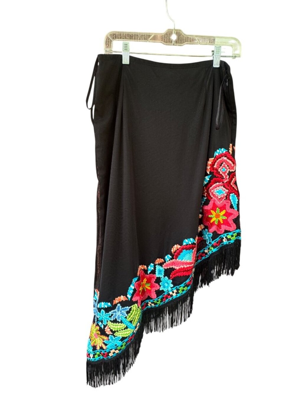 Vintage Collection Womens Black Embroidered Wrap Fringe Skirt Size M